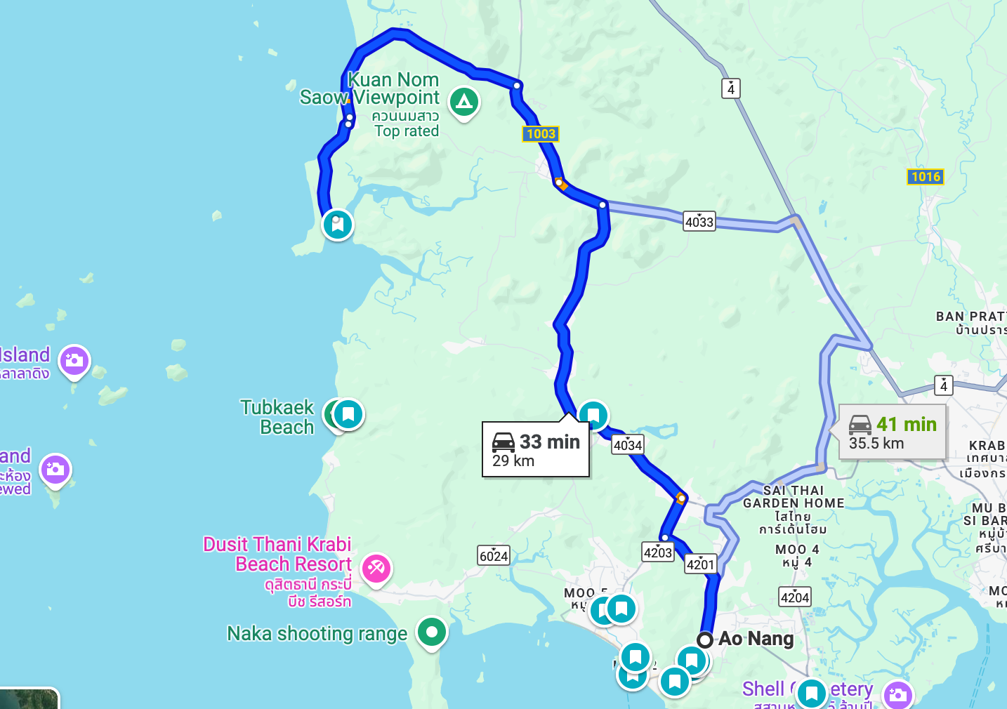 route from Ao Nang to Ao Thalane